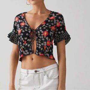 Urban Outfitters Black Red Ditsy Floral Tie Front Top NWT Mixed Media Y2K Grunge